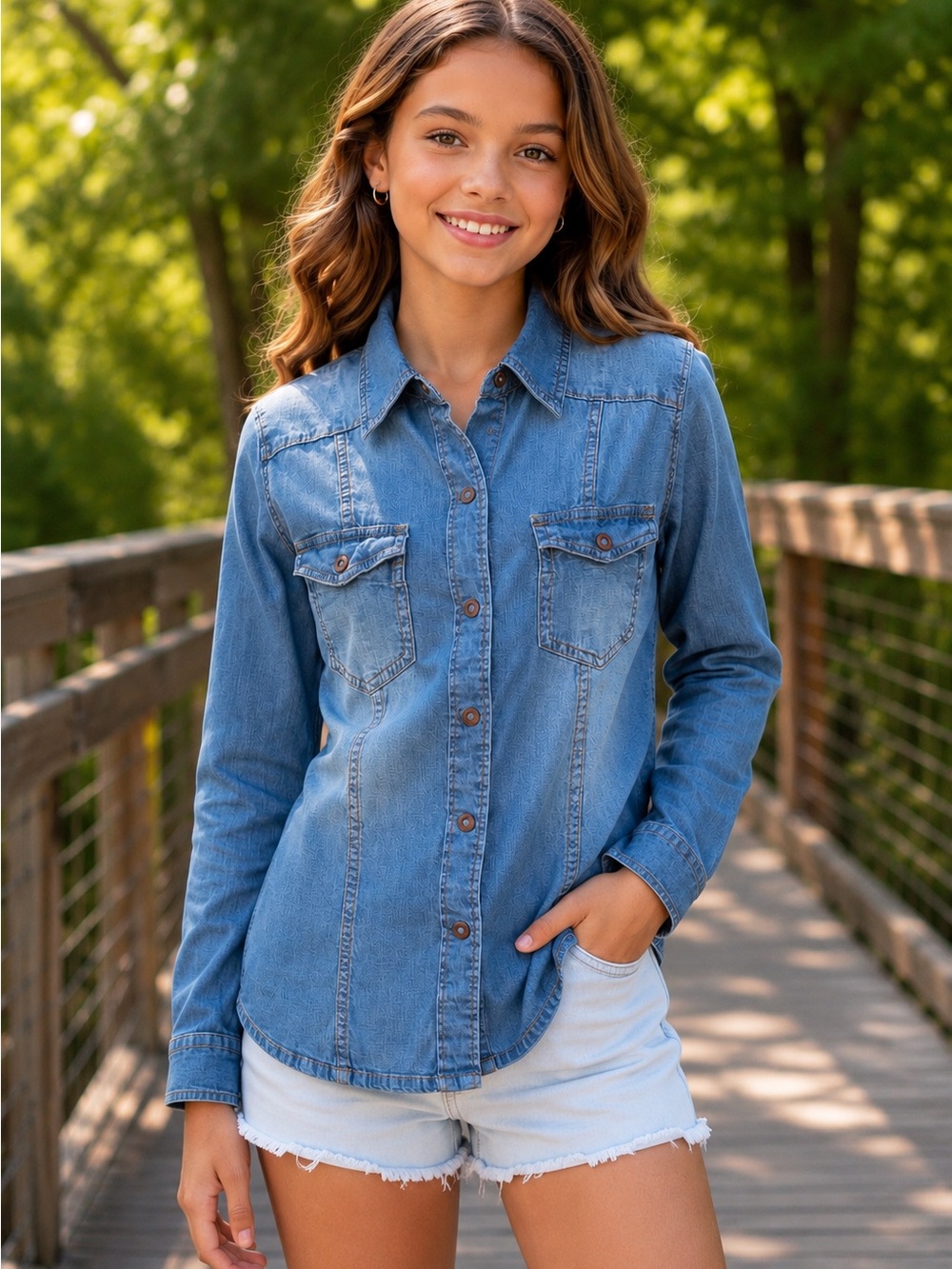 GUESS Los Angeles Denim Button Front Shirt Blue Stretch Snap Pocket Top Size M